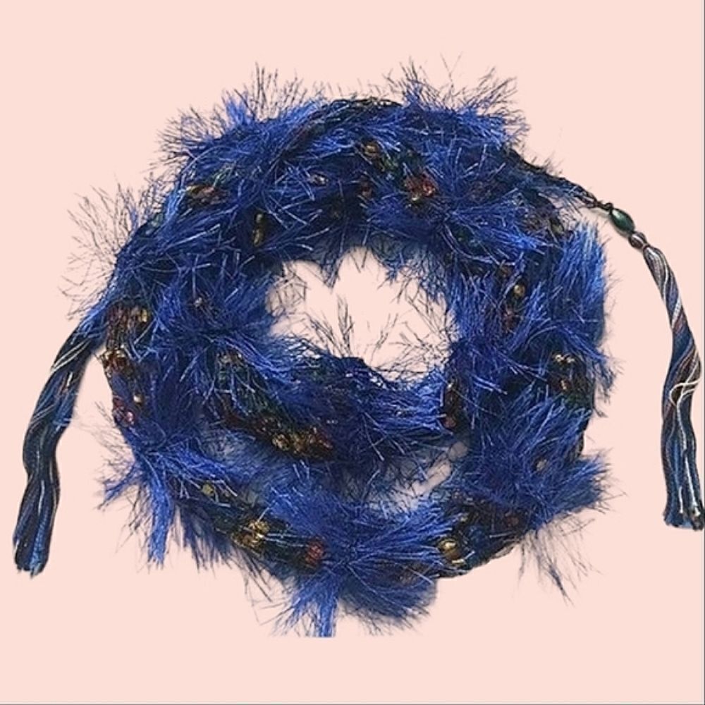 Hand-Knit Cobalt Blue Fringe Bead Embellished Tassel Skinny Scarf